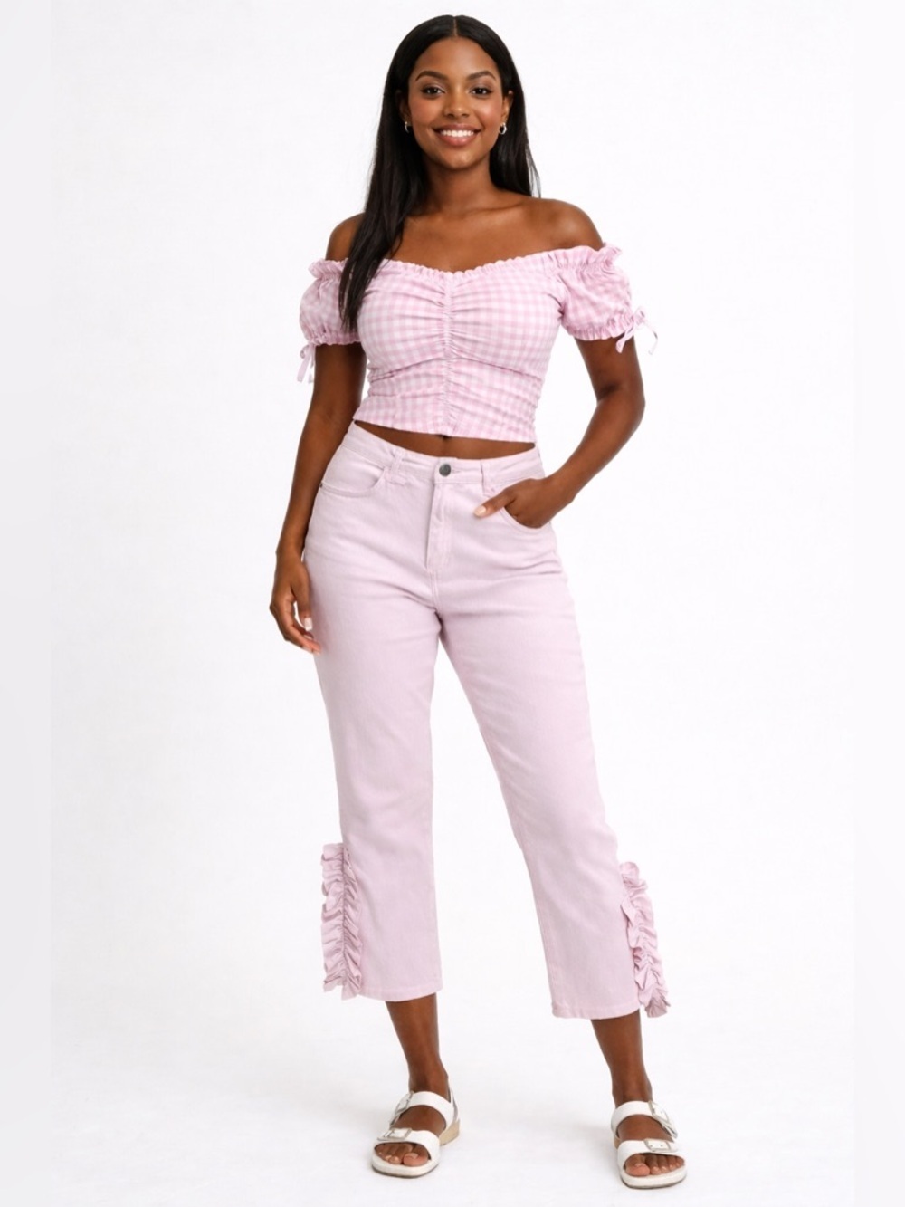 EUC Zara SZ L Pink crop pant w/6” slit & ruffle accent on sides/Waist 33”-36”
